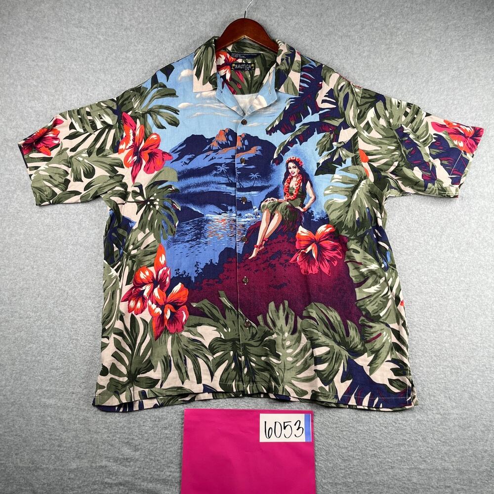 Nautica Linen Blend Hawaiian Print Shirt Medium Button Up Short Sleeve Mens